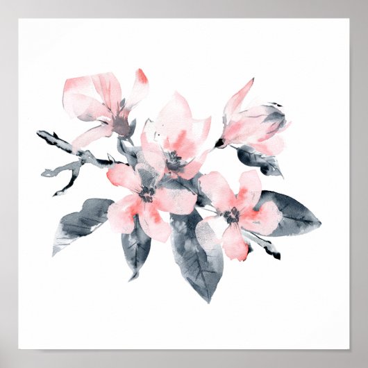 Roze en grijze bloemen Classy-Waterverf Poster (Voorkant)
