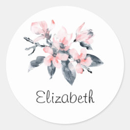 Roze en grijze bloemen Classy-Waterverf Ronde Sticker