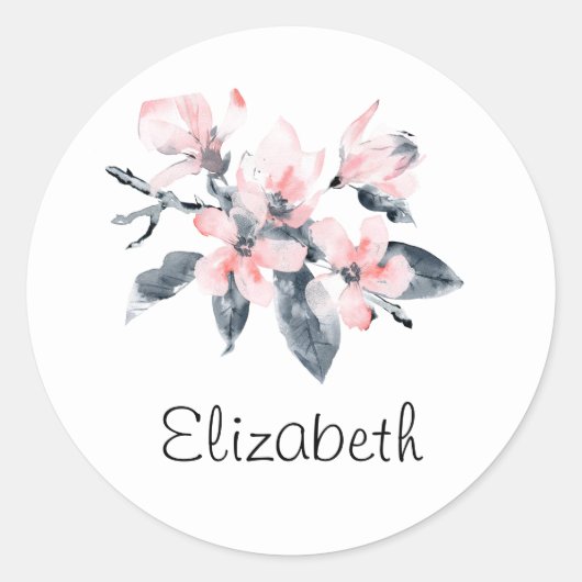Roze en grijze bloemen Classy-Waterverf Ronde Sticker (Voorkant)