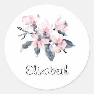 Roze en grijze bloemen Classy-Waterverf Ronde Sticker