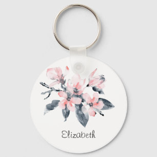 Roze en grijze bloemen Classy-Waterverf Sleutelhanger
