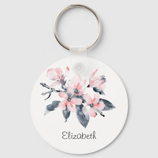 Roze en grijze bloemen Classy-Waterverf Sleutelhanger (Voorkant)