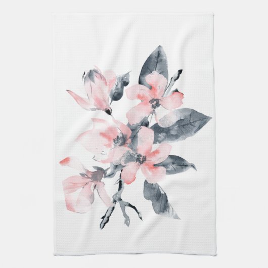 Roze en grijze bloemen Classy-Waterverf Theedoek (Verticaal)