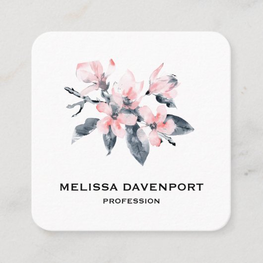 Roze en grijze bloemen Classy-Waterverf Vierkante Visitekaartje (Voorkant)