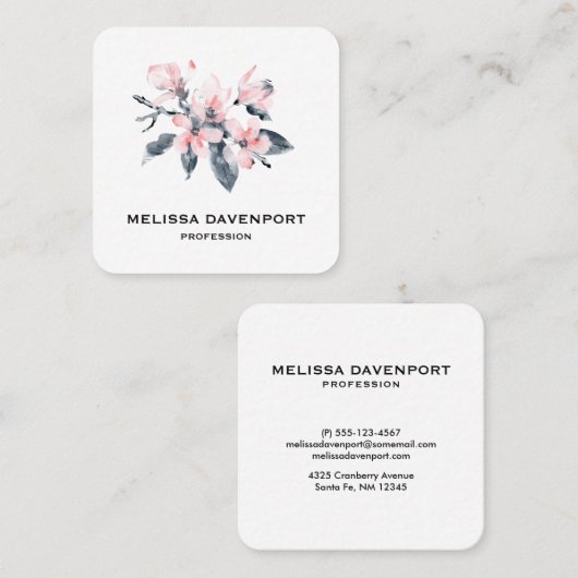 Roze en grijze bloemen Classy-Waterverf Vierkante Visitekaartje (Voorkant / Achterkant)