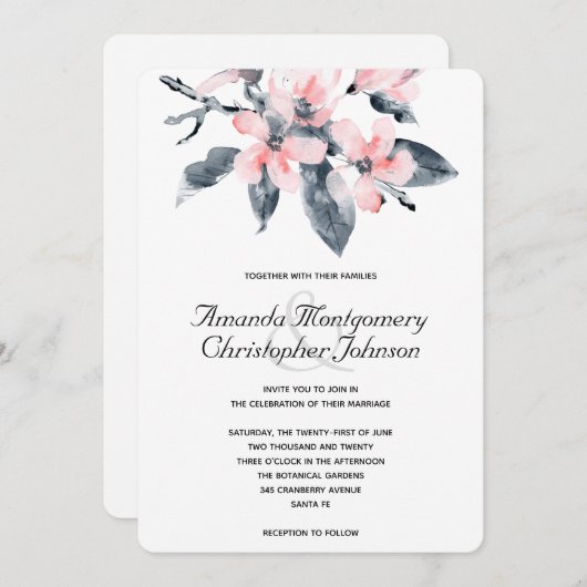 Roze en grijze bloemen Classy Waterverf Weddenscha Kaart (Voorkant / Achterkant)