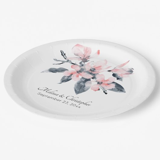 Roze en grijze bloemen Classy Waterverf Weddenscha Papieren Bordje (Gekanteld)