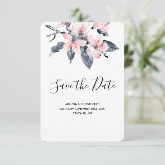 Roze en grijze bloemen Classy Waterverf Weddenscha Save The Date (Staand voorkant)