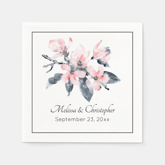 Roze en grijze bloemen Classy Waterverf Weddenscha Servet (Voorkant)