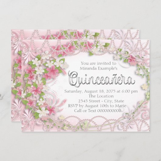 Roze en grijze bloemen Quinceañera Kaart (Voorkant / Achterkant)