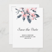 Roze en grijze bloemen Waterverf Opslaan datum Uitnodiging Briefkaart (Voorkant / Achterkant)