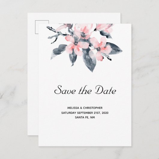 Roze en grijze bloemen Waterverf Opslaan datum Uitnodiging Briefkaart (Voorkant / Achterkant)