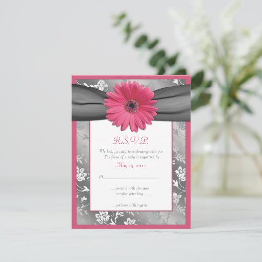 Roze en grijze bloemendamask bruiloft antwoordkaar RSVP kaartje (Staand voorkant)