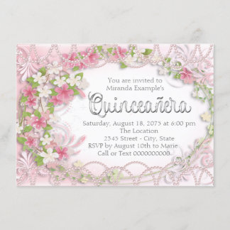 Roze en grijze bloemenkleed Quinceañera Kaart