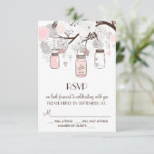 Roze en grijze bloemige Mason Jar RSVP-kaarten RSVP Kaartje (Staand voorkant)
