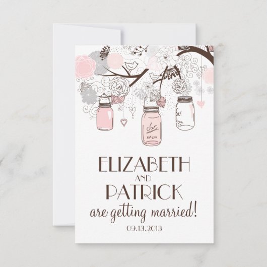 Roze en grijze bloemige Mason Jar RSVP-kaarten RSVP Kaartje (Achterkant)