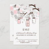 Roze en grijze bloemige Mason Jar RSVP-kaarten RSVP Kaartje (Voorkant / Achterkant)