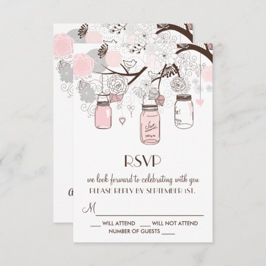 Roze en grijze bloemige Mason Jar RSVP-kaarten RSVP Kaartje (Voorkant / Achterkant)