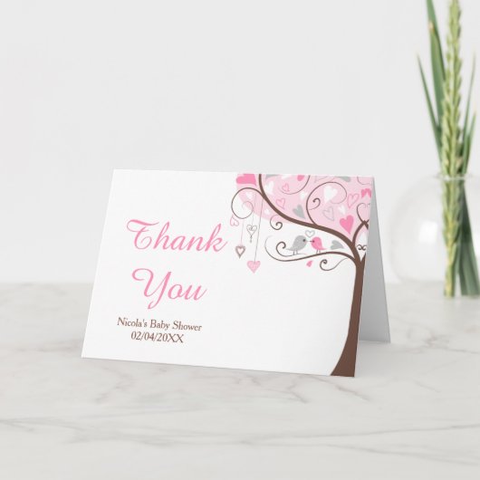 Roze en grijze bloemige vogel babyshower bedankt (Voorkant)