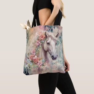Roze en grijze bloemmotief Witte paardenkop Tote Bag