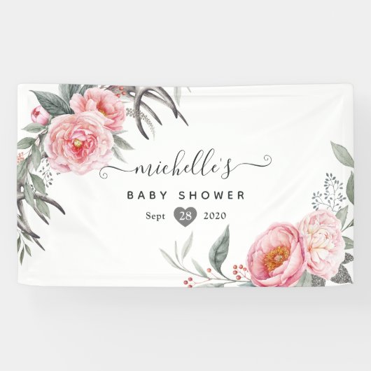 Roze en grijze boho bloemenkinderfeest spandoek (Horizontaal)