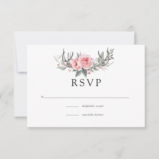 Roze en grijze Boho Floral Wedding RSVP Kaartje (Voorkant)