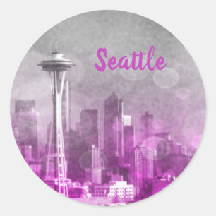 Roze en grijze Bokeh Seattle Skyline Ronde Sticker