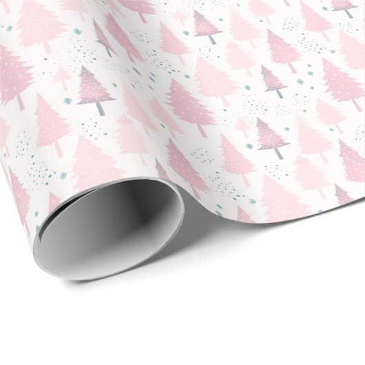 Roze en Grijze Bomen Sneeuwvlokken Kerstmis Cadeaupapier (Rol Hoek)