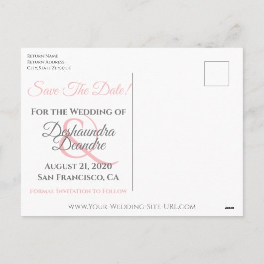 Roze en grijze bruiloft sparen het Briefkaart Datu (Achterkant)