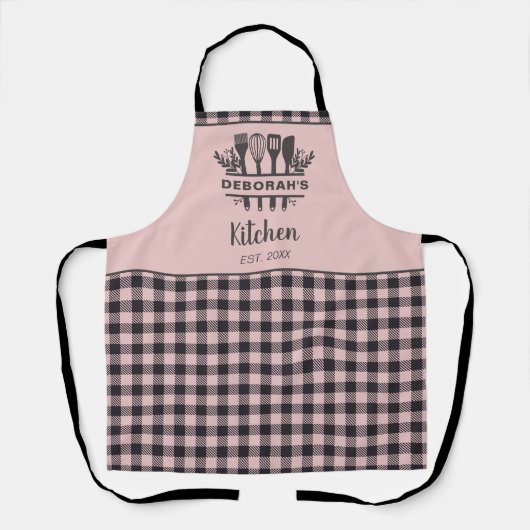 Roze en Grijze Buffel Plaid Keukennaam Schort (Voorkant)
