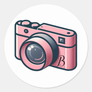 Roze en grijze camera fotografie gepersonaliseerd ronde sticker