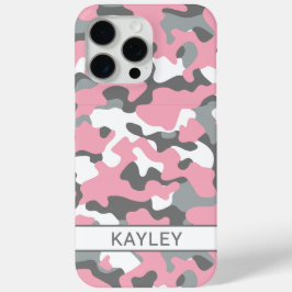 Roze en grijze camouflage gepersonaliseerd iPhone 15 pro max hoesje