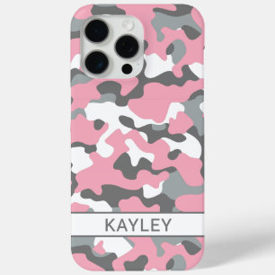 Roze en grijze camouflage gepersonaliseerd iPhone 15 pro max hoesje