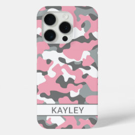 Roze en grijze camouflage gepersonaliseerd iPhone 15 pro case