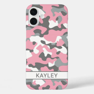 Roze en grijze camouflage gepersonaliseerd iPhone 16 plus hoesje