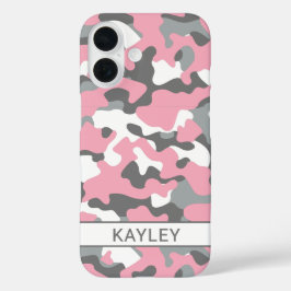Roze en grijze camouflage gepersonaliseerd iPhone 16 hoesje
