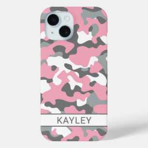 Roze en grijze camouflage gepersonaliseerd iPhone 15 case
