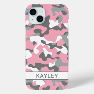 Roze en grijze camouflage gepersonaliseerd iPhone 15 mini hoesje
