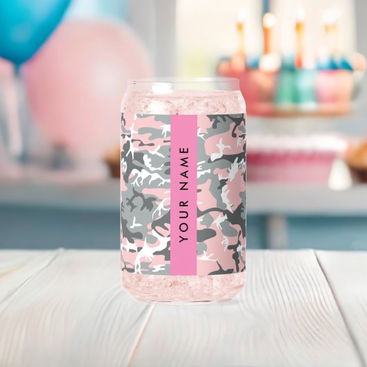 Roze en Grijze Camouflage Jouw naam Personaliseren Blikvorm Glas (Insitu (Baby Shower))