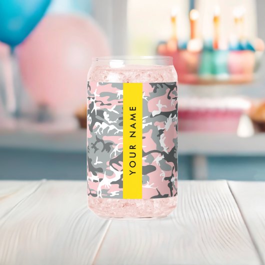 Roze en Grijze Camouflage Jouw naam Personaliseren Blikvorm Glas (Insitu (Baby Shower))