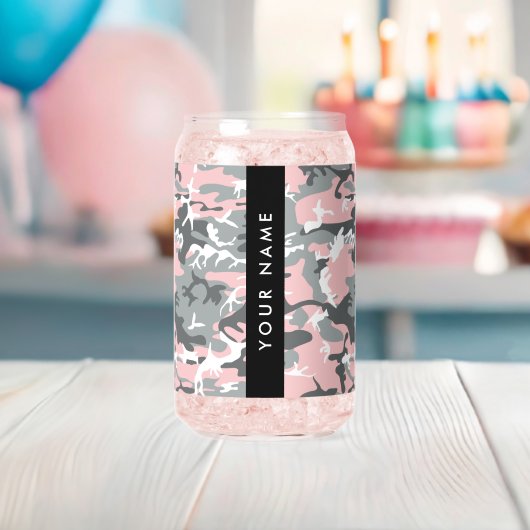 Roze en Grijze Camouflage Jouw naam Personaliseren Blikvorm Glas (Insitu (Baby Shower))