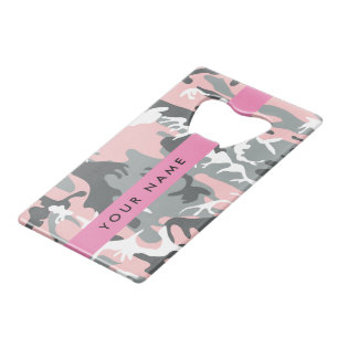 Roze en Grijze Camouflage Jouw naam Personaliseren Creditkaart Flessenopener