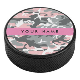Roze en Grijze Camouflage Jouw naam Personaliseren Hockey Puck