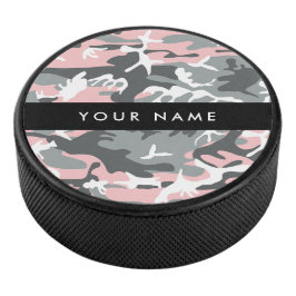 Roze en Grijze Camouflage Jouw naam Personaliseren Hockey Puck