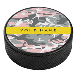Roze en Grijze Camouflage Jouw naam Personaliseren Hockey Puck
