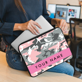 Roze en Grijze Camouflage Jouw naam Personaliseren Laptop Sleeve