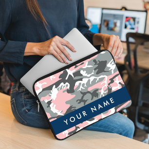 Roze en Grijze Camouflage Jouw naam Personaliseren Laptop Sleeve