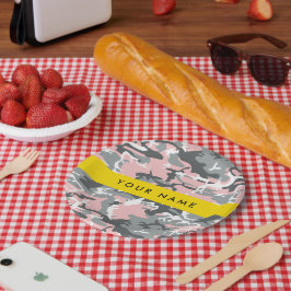 Roze en Grijze Camouflage Jouw naam Personaliseren Papieren Bordje