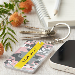 Roze en Grijze Camouflage Jouw naam Personaliseren Sleutelhanger