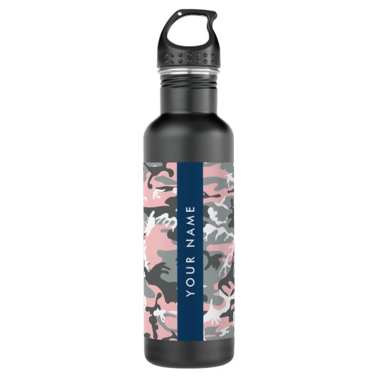 Roze en Grijze Camouflage Jouw naam Personaliseren Waterfles (Voorkant)